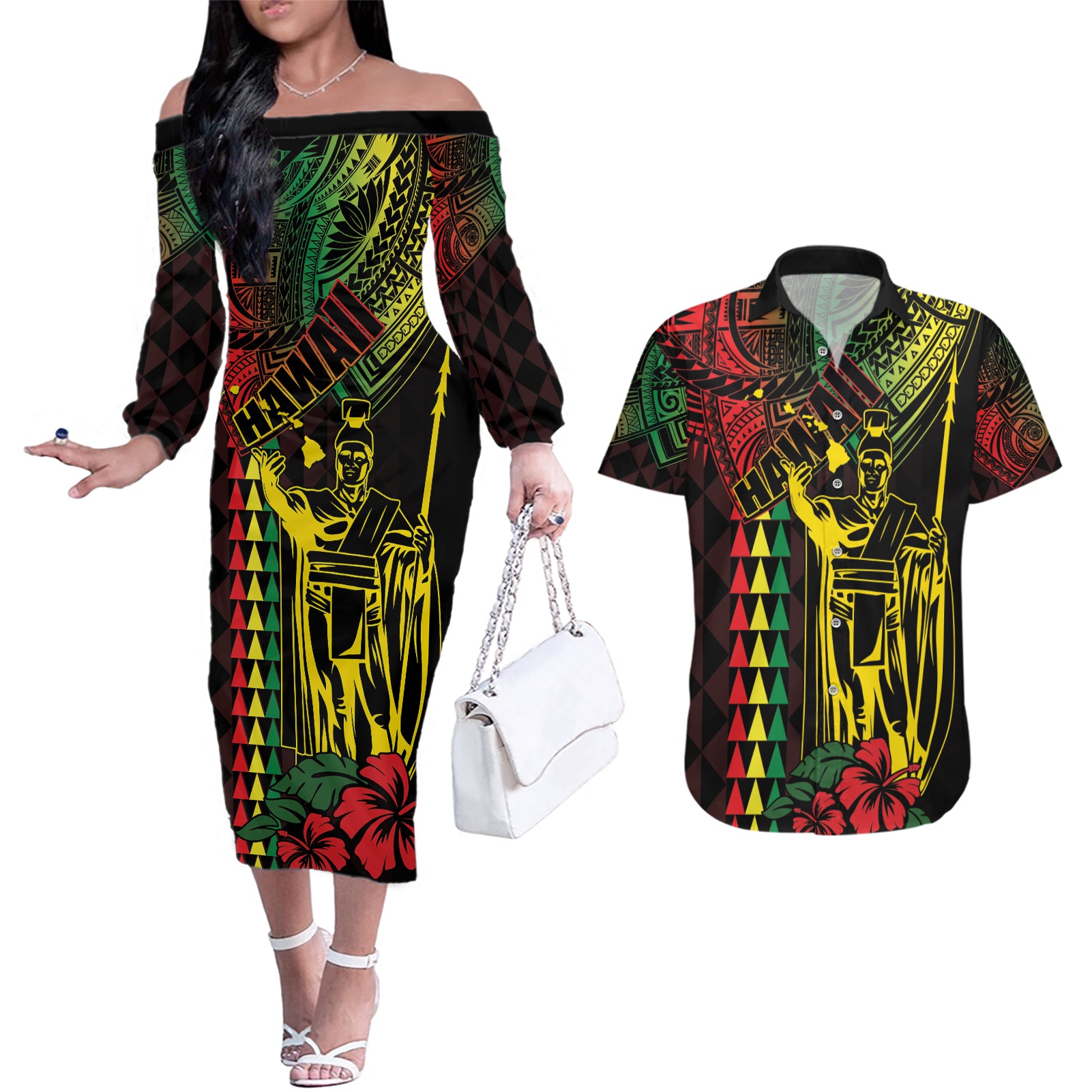 King Kamehameha Day Couples Matching Off The Shoulder Long Sleeve Dress and Hawaiian Shirt Hawaii Kakau Reggae