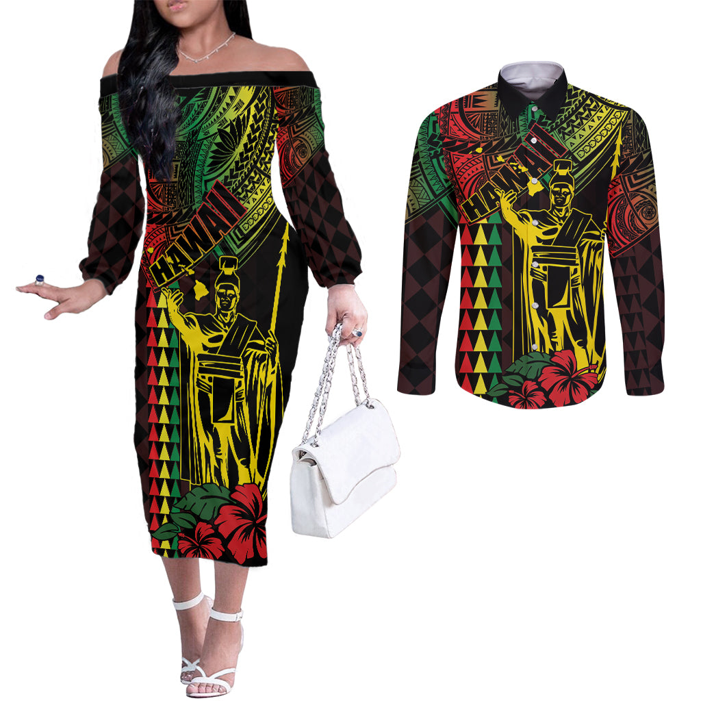 King Kamehameha Day Couples Matching Off The Shoulder Long Sleeve Dress and Long Sleeve Button Shirt Hawaii Kakau Reggae