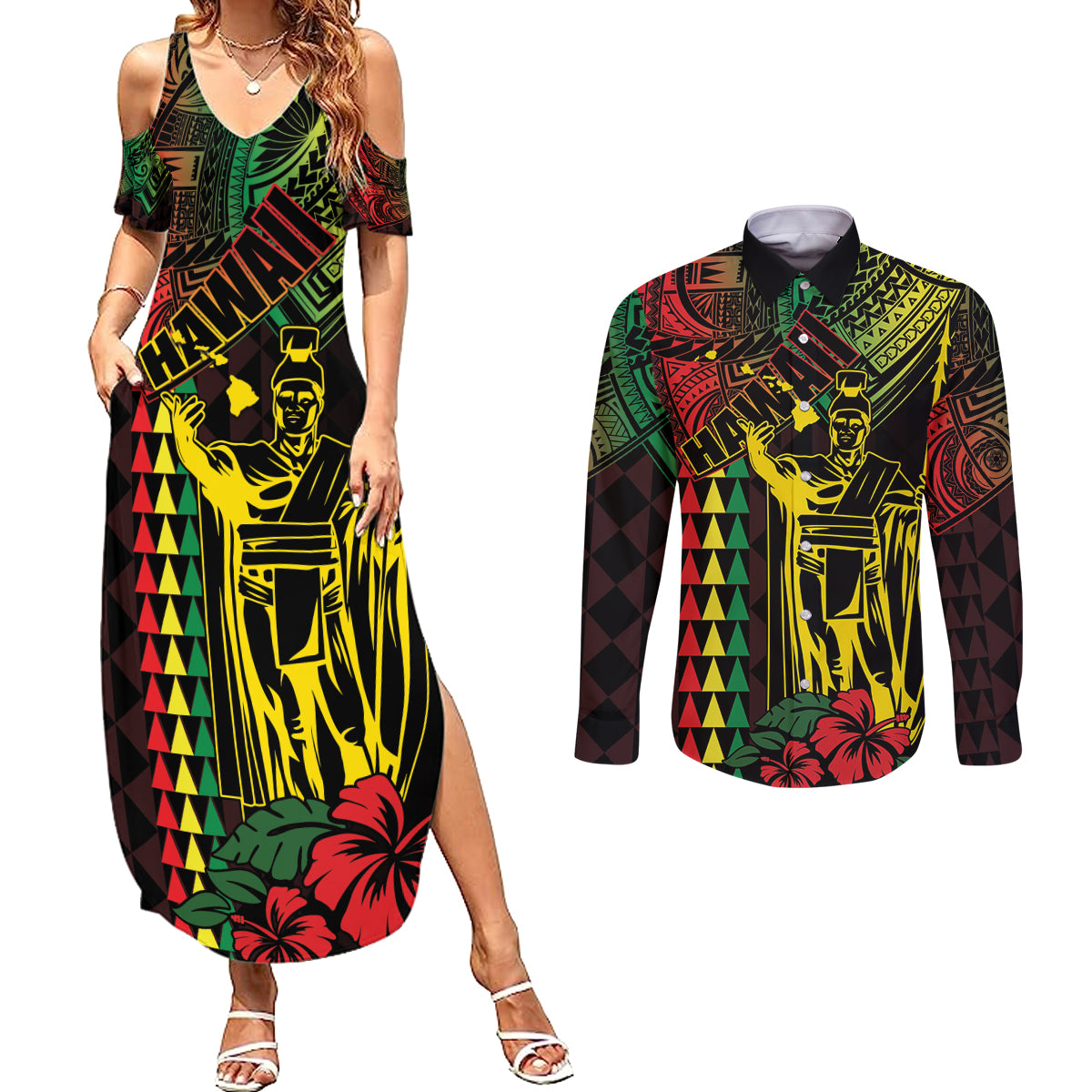 King Kamehameha Day Couples Matching Summer Maxi Dress and Long Sleeve Button Shirt Hawaii Kakau Reggae