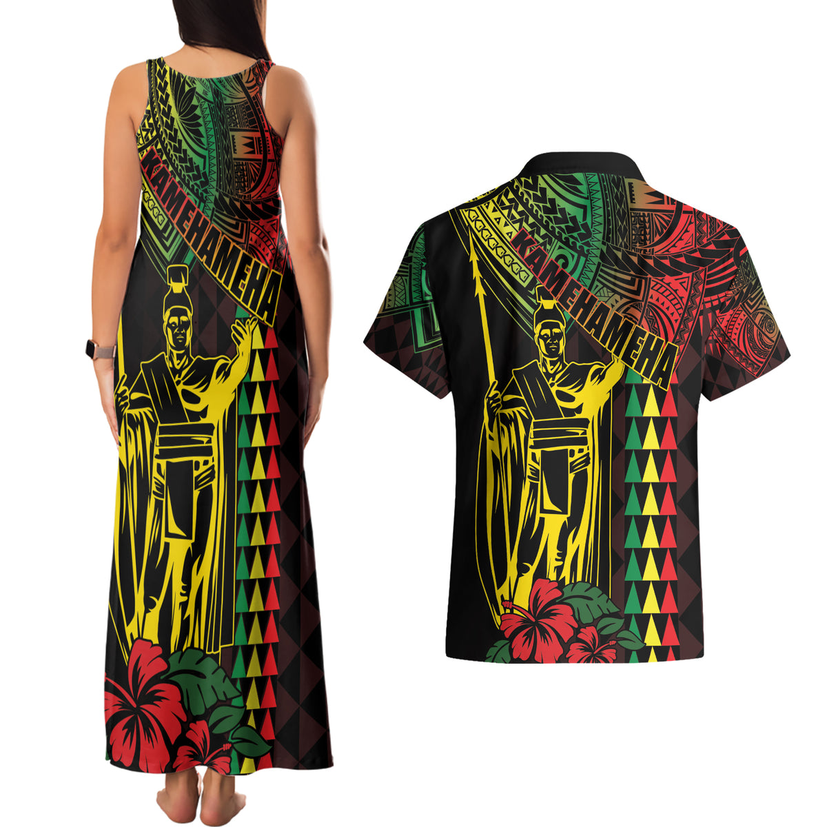 King Kamehameha Day Couples Matching Tank Maxi Dress and Hawaiian Shirt Hawaii Kakau Reggae
