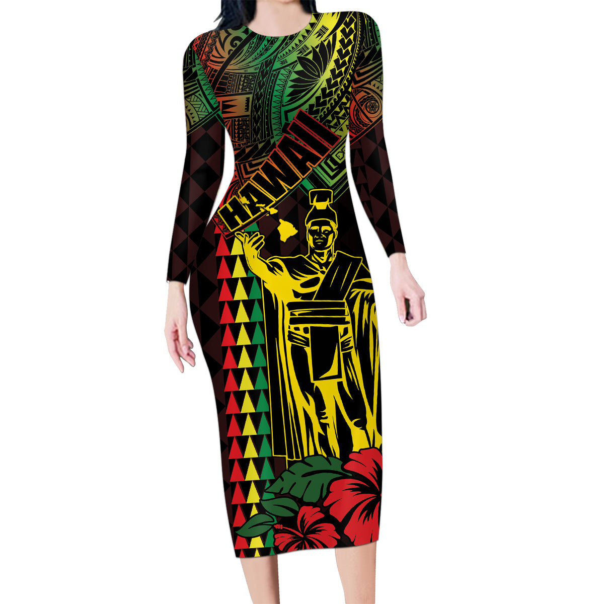 King Kamehameha Day Family Matching Long Sleeve Bodycon Dress and Hawaiian Shirt Hawaii Kakau Reggae