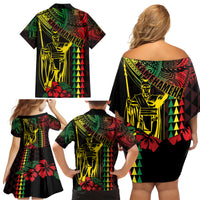 King Kamehameha Day Family Matching Off Shoulder Short Dress and Hawaiian Shirt Hawaii Kakau Reggae