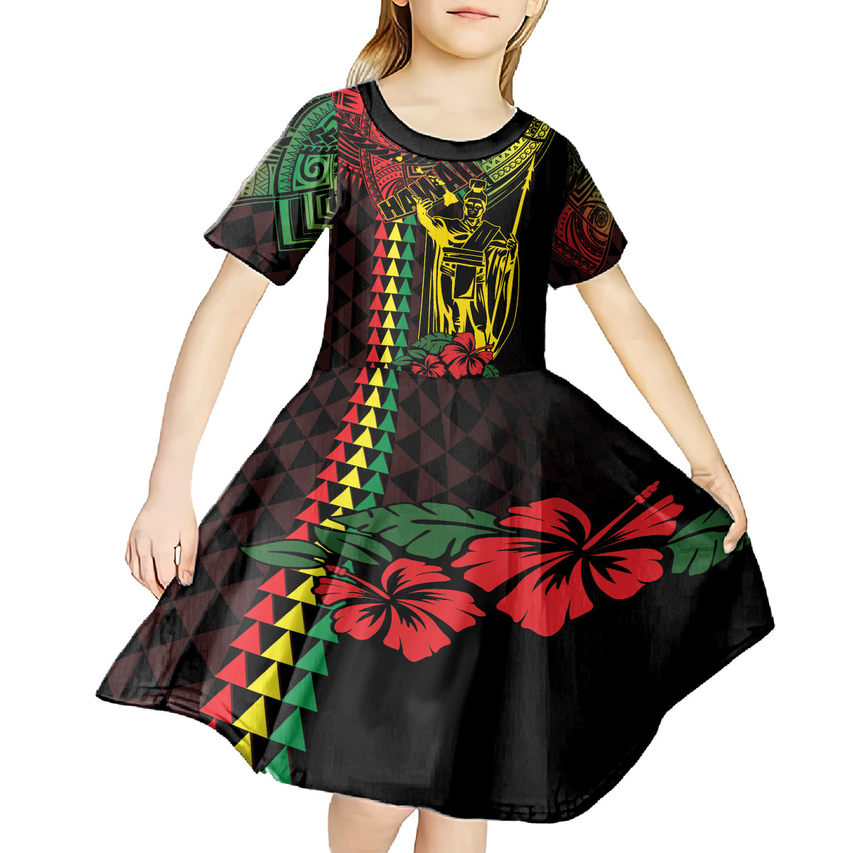 King Kamehameha Day Kid Short Sleeve Dress Hawaii Kakau Reggae