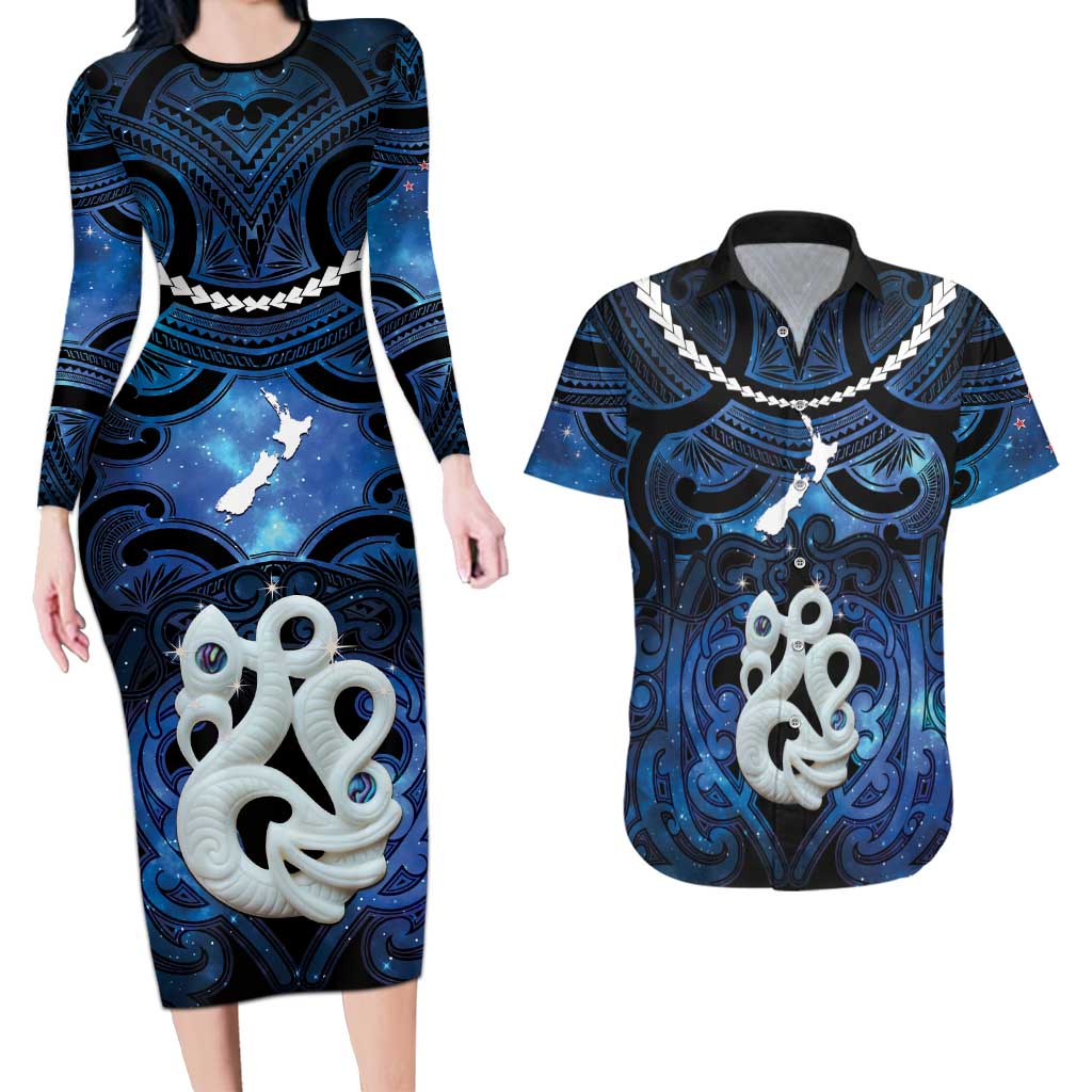 Personalized Maori Matariki Manaia Couples Matching Long Sleeve Bodycon Dress and Hawaiian Shirt Maori Kowhaiwhai Pattern Galaxy