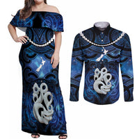 Personalized Maori Matariki Manaia Couples Matching Off Shoulder Maxi Dress and Long Sleeve Button Shirt Maori Kowhaiwhai Pattern Galaxy LT01 Blue - Polynesian Pride