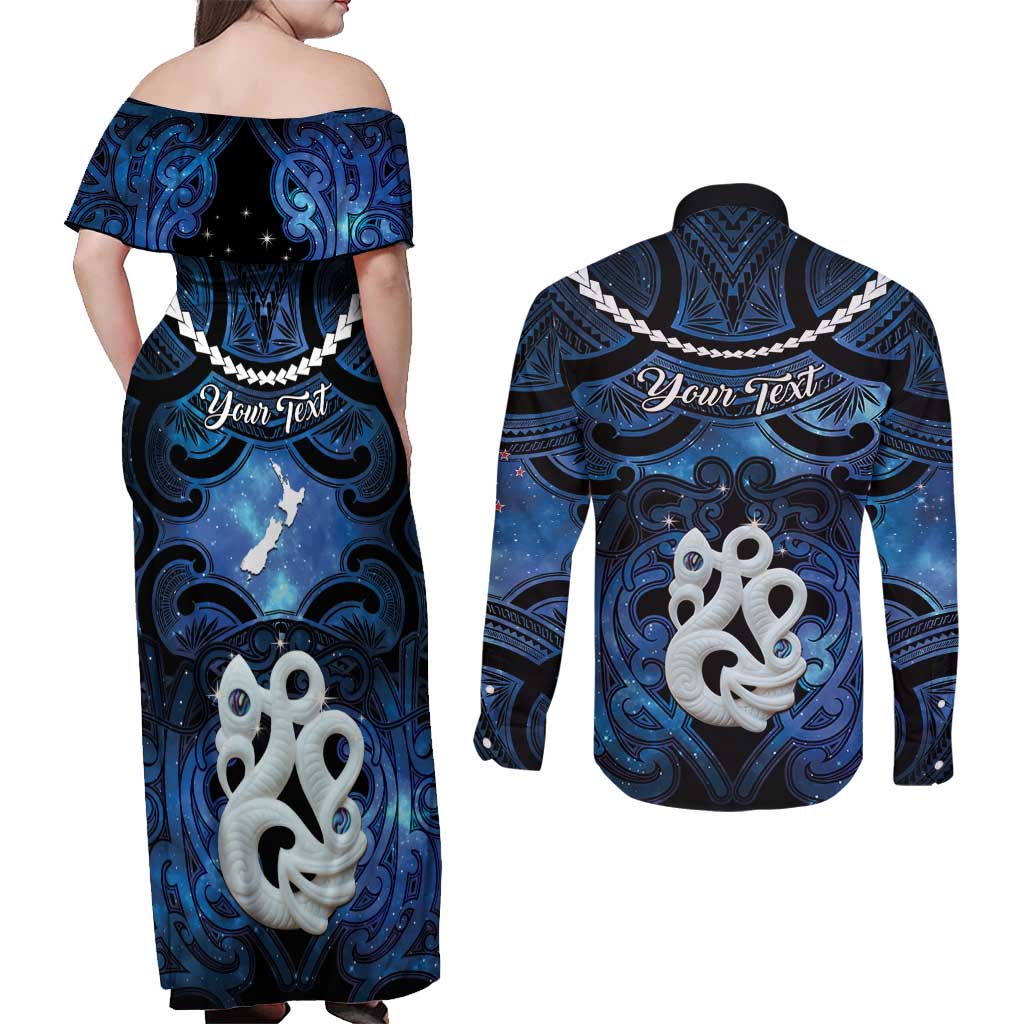 Personalized Maori Matariki Manaia Couples Matching Off Shoulder Maxi Dress and Long Sleeve Button Shirt Maori Kowhaiwhai Pattern Galaxy LT01 - Polynesian Pride