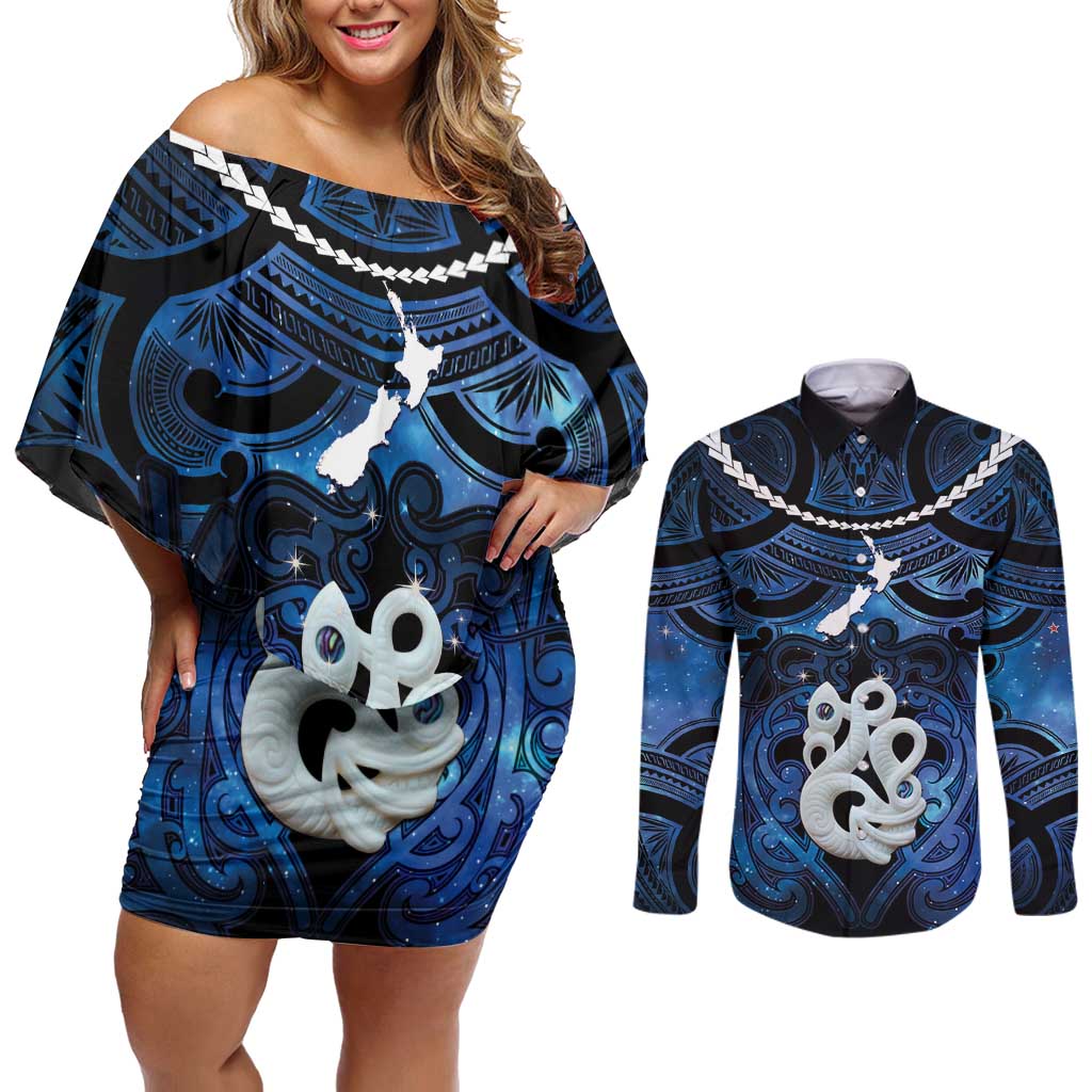 Personalized Maori Matariki Manaia Couples Matching Off Shoulder Short Dress and Long Sleeve Button Shirt Maori Kowhaiwhai Pattern Galaxy