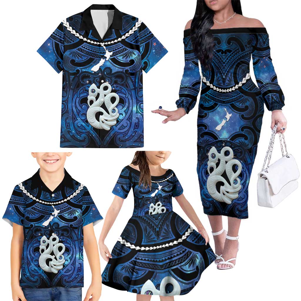Personalized Maori Matariki Manaia Family Matching Off The Shoulder Long Sleeve Dress and Hawaiian Shirt Maori Kowhaiwhai Pattern Galaxy