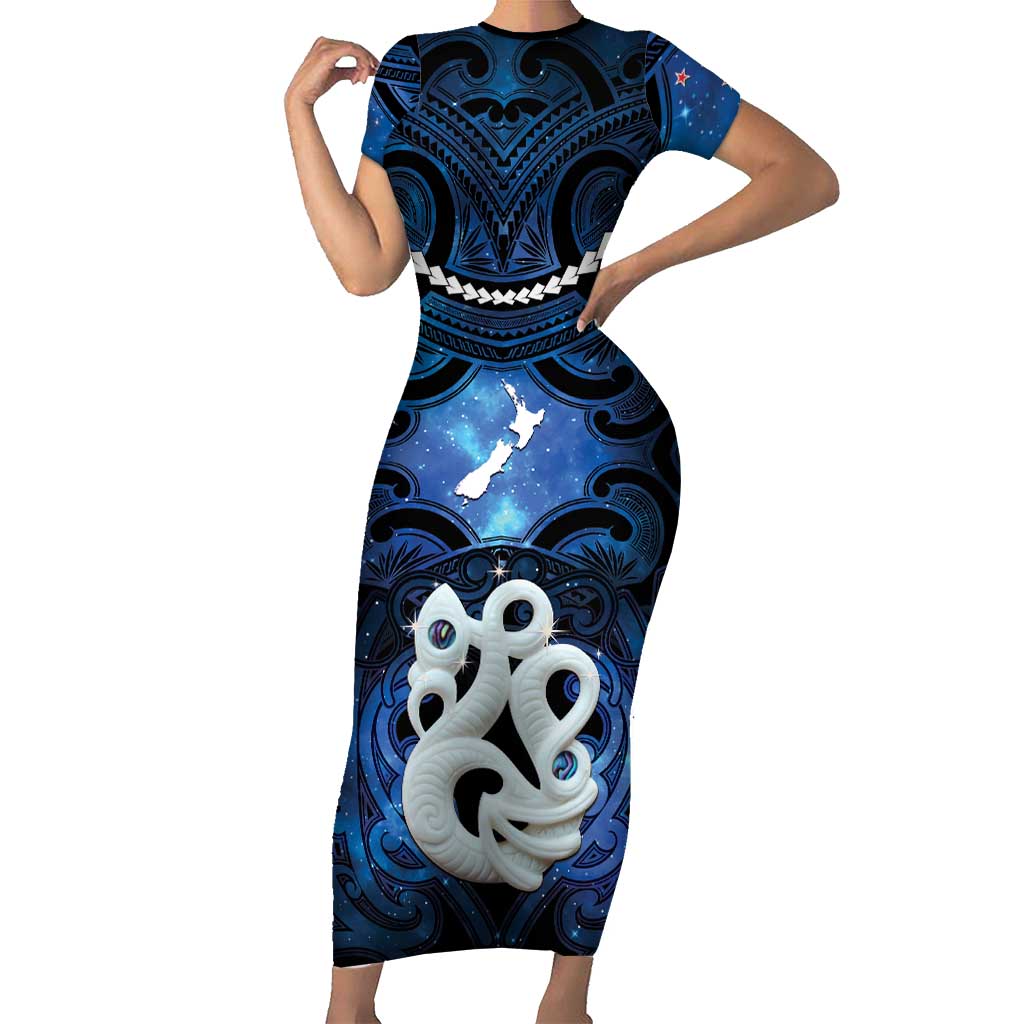 Personalized Maori Matariki Manaia Family Matching Short Sleeve Bodycon Dress and Hawaiian Shirt Maori Kowhaiwhai Pattern Galaxy