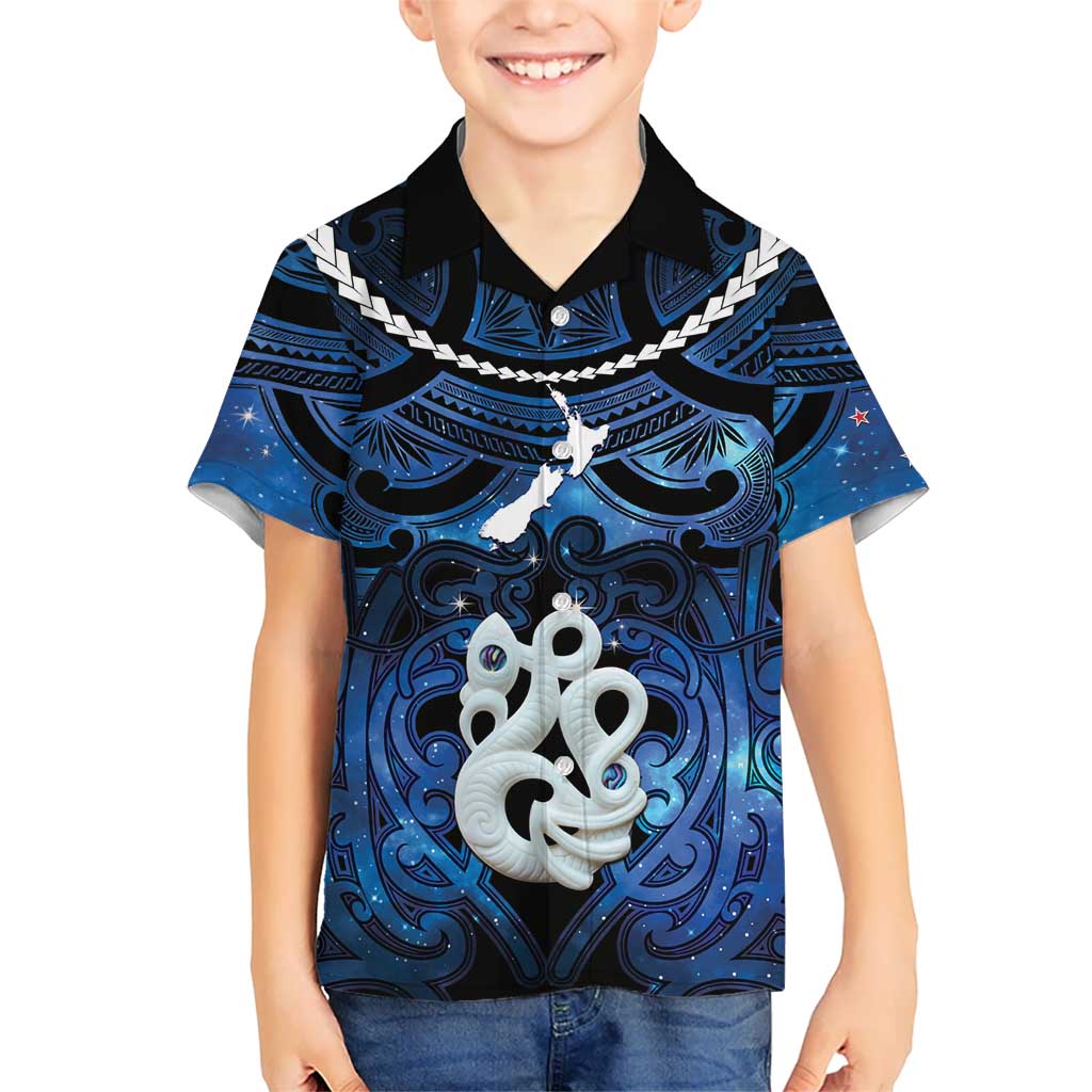 Personalized Maori Matariki Manaia Kid Hawaiian Shirt Maori Kowhaiwhai Pattern Galaxy LT01 Kid Blue - Polynesian Pride