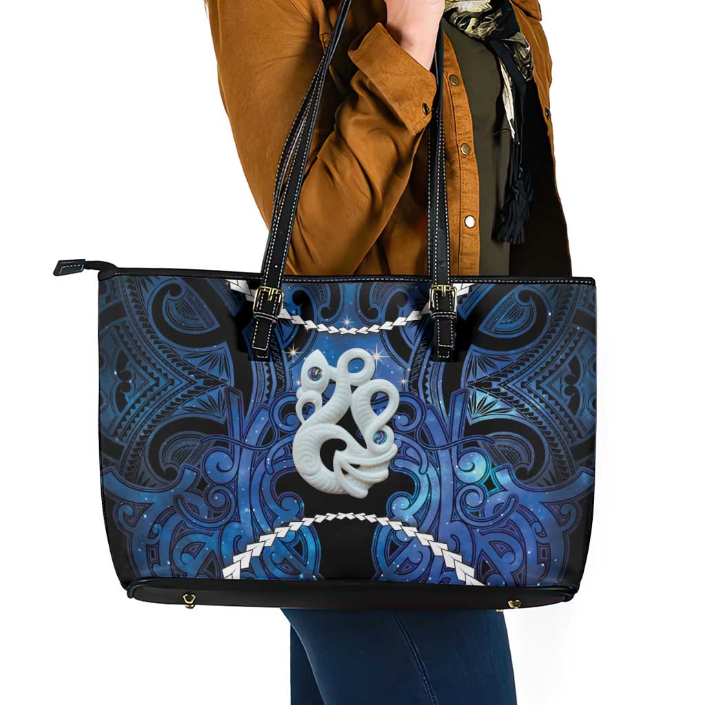 Maori Matariki Manaia Leather Tote Bag Maori Kowhaiwhai Pattern Galaxy