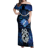 Personalized Maori Matariki Manaia Off Shoulder Maxi Dress Maori Kowhaiwhai Pattern Galaxy LT01 Women Blue - Polynesian Pride