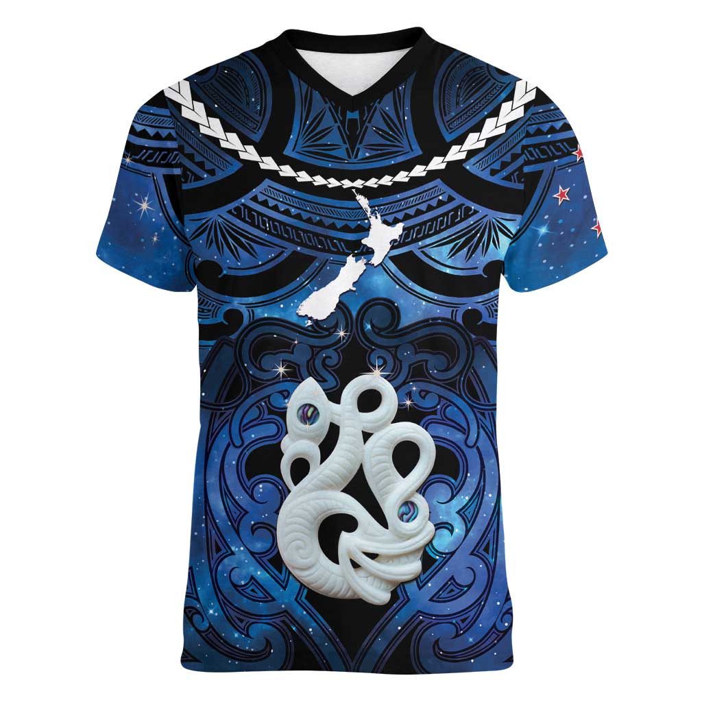Personalized Maori Matariki Manaia Women V-Neck T-Shirt Maori Kowhaiwhai Pattern Galaxy