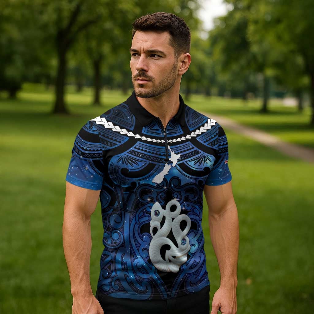 Personalized Maori Matariki Manaia Zipper Polo Shirt Maori Kowhaiwhai Pattern Galaxy LT01 - Polynesian Pride