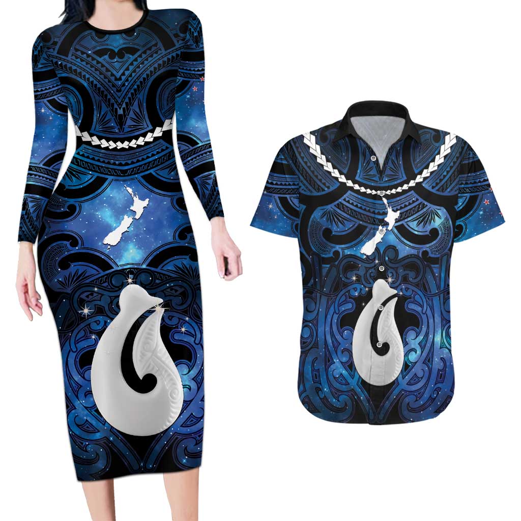 Personalized Maori Matariki Hei Matau Couples Matching Long Sleeve Bodycon Dress and Hawaiian Shirt Maori Kowhaiwhai Pattern Galaxy