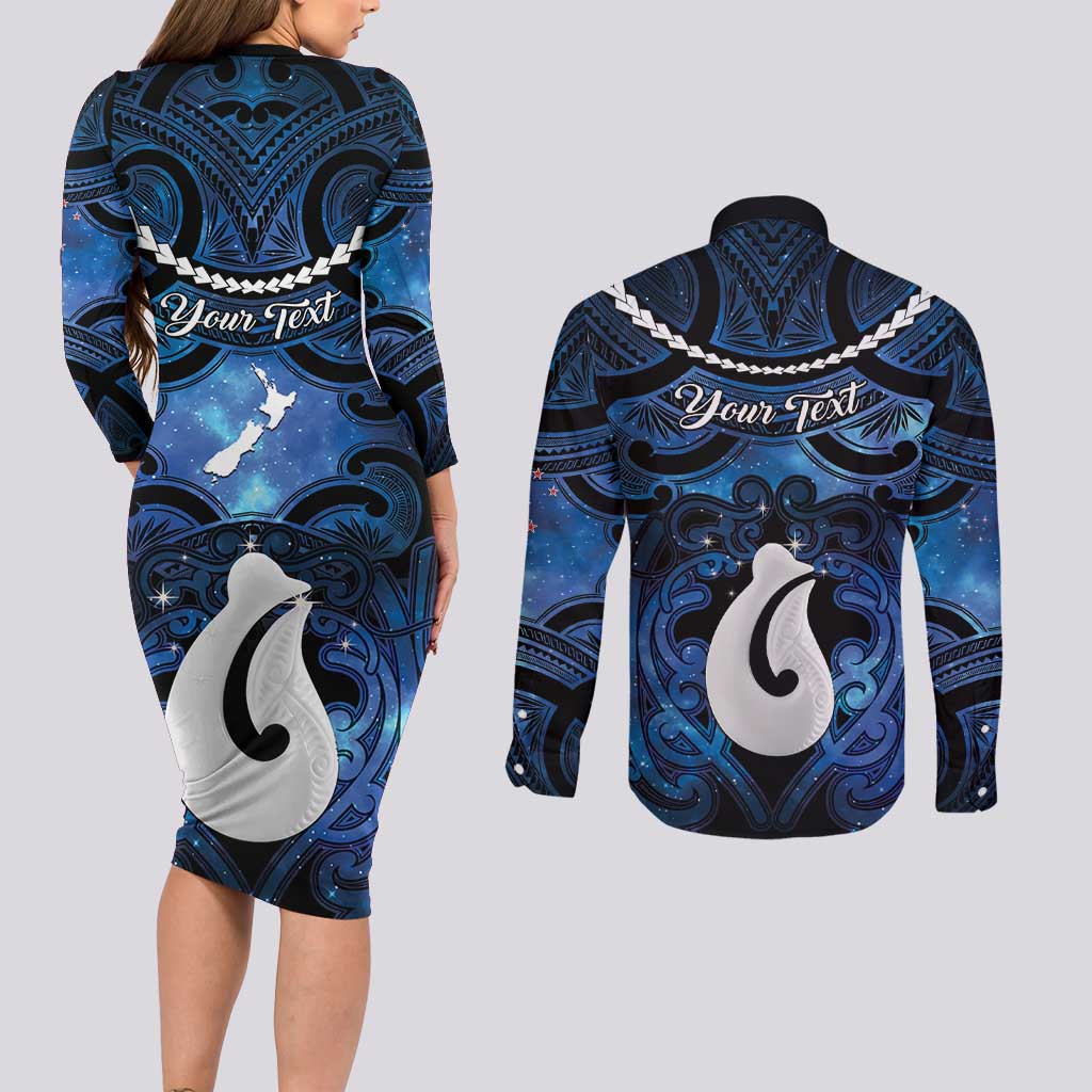 Personalized Maori Matariki Hei Matau Couples Matching Long Sleeve Bodycon Dress and Long Sleeve Button Shirt Maori Kowhaiwhai Pattern Galaxy