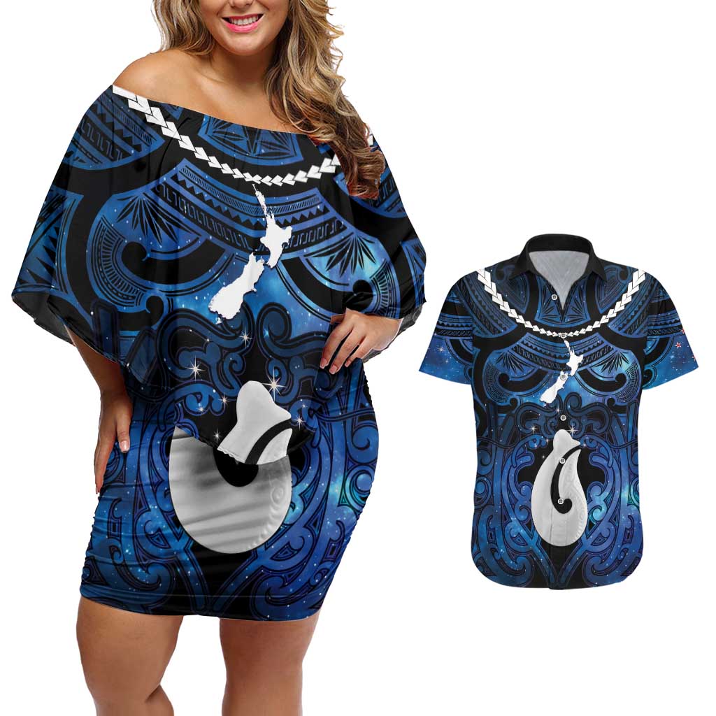 Personalized Maori Matariki Hei Matau Couples Matching Off Shoulder Short Dress and Hawaiian Shirt Maori Kowhaiwhai Pattern Galaxy
