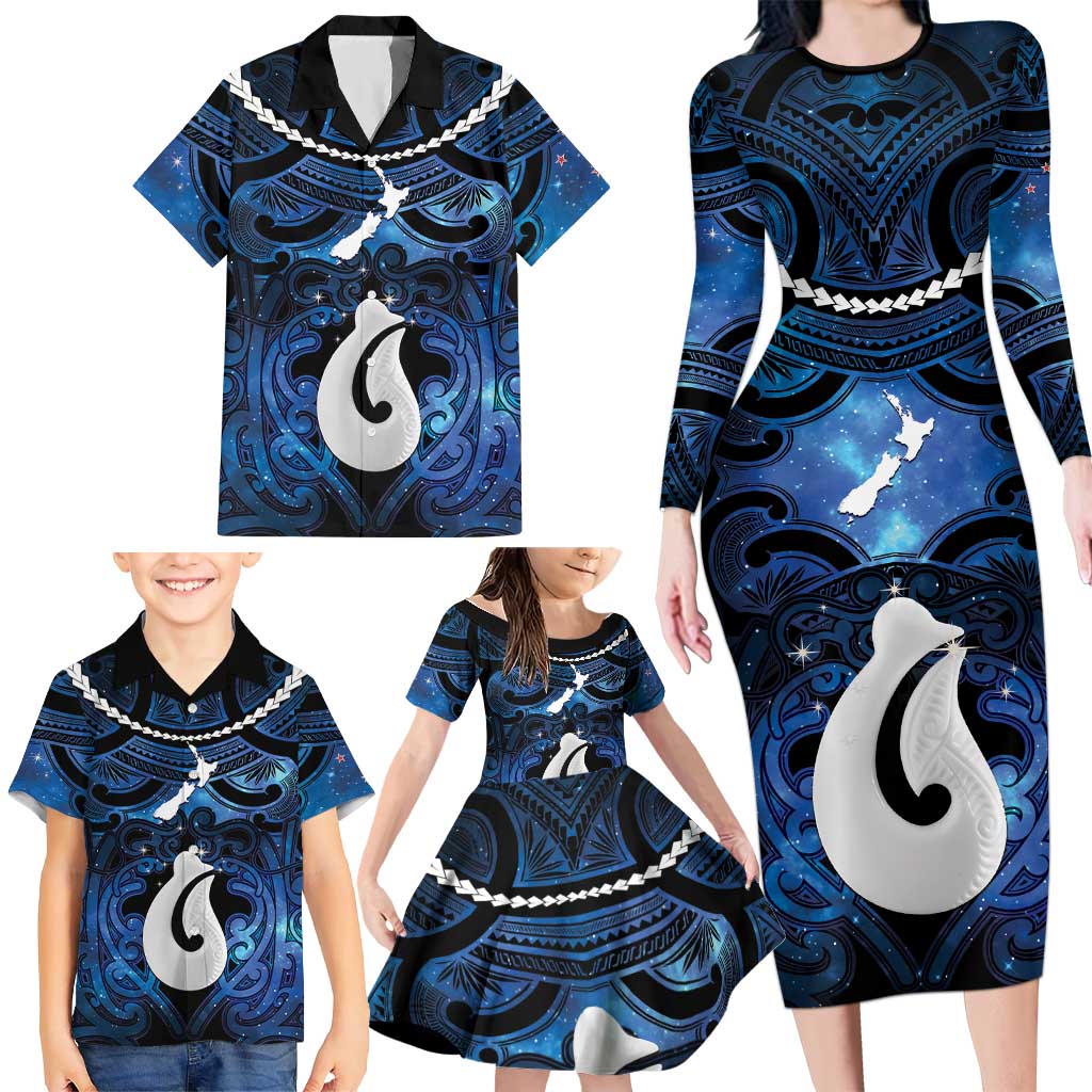 Personalized Maori Matariki Hei Matau Family Matching Long Sleeve Bodycon Dress and Hawaiian Shirt Maori Kowhaiwhai Pattern Galaxy
