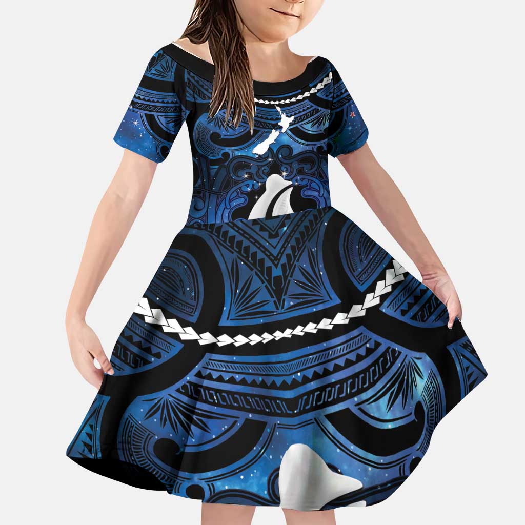 Personalized Maori Matariki Hei Matau Family Matching Off Shoulder Short Dress and Hawaiian Shirt Maori Kowhaiwhai Pattern Galaxy LT01 Daughter's Dress Blue - Polynesian Pride