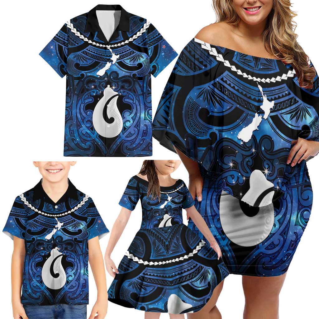 Personalized Maori Matariki Hei Matau Family Matching Off Shoulder Short Dress and Hawaiian Shirt Maori Kowhaiwhai Pattern Galaxy LT01 - Polynesian Pride