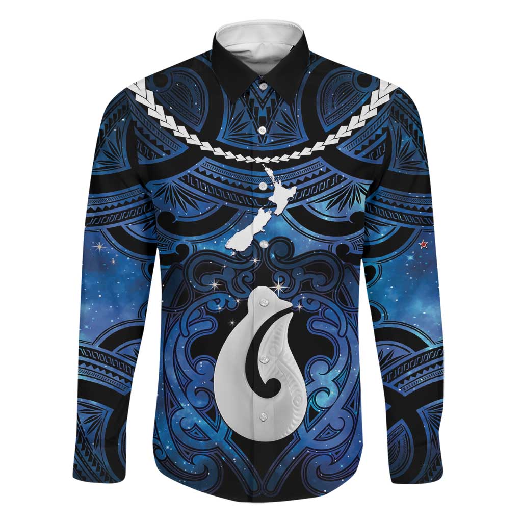 Personalized Maori Matariki Hei Matau Family Matching Off Shoulder Short Dress and Hawaiian Shirt Maori Kowhaiwhai Pattern Galaxy LT01 Dad's Shirt - Long Sleeve Blue - Polynesian Pride