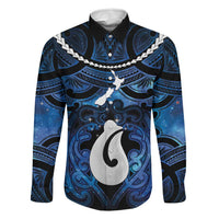 Personalized Maori Matariki Hei Matau Family Matching Off Shoulder Short Dress and Hawaiian Shirt Maori Kowhaiwhai Pattern Galaxy LT01 Dad's Shirt - Long Sleeve Blue - Polynesian Pride