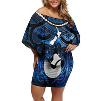 Personalized Maori Matariki Hei Matau Family Matching Off Shoulder Short Dress and Hawaiian Shirt Maori Kowhaiwhai Pattern Galaxy LT01 Mom's Dress Blue - Polynesian Pride
