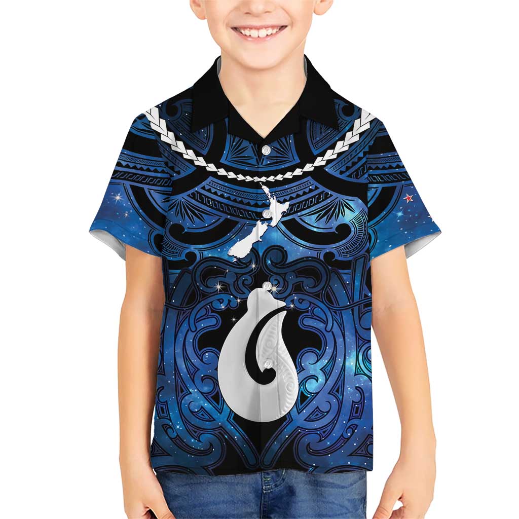 Personalized Maori Matariki Hei Matau Family Matching Off Shoulder Short Dress and Hawaiian Shirt Maori Kowhaiwhai Pattern Galaxy LT01 Son's Shirt Blue - Polynesian Pride