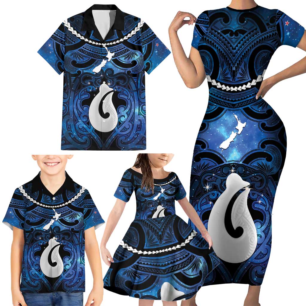 Personalized Maori Matariki Hei Matau Family Matching Short Sleeve Bodycon Dress and Hawaiian Shirt Maori Kowhaiwhai Pattern Galaxy