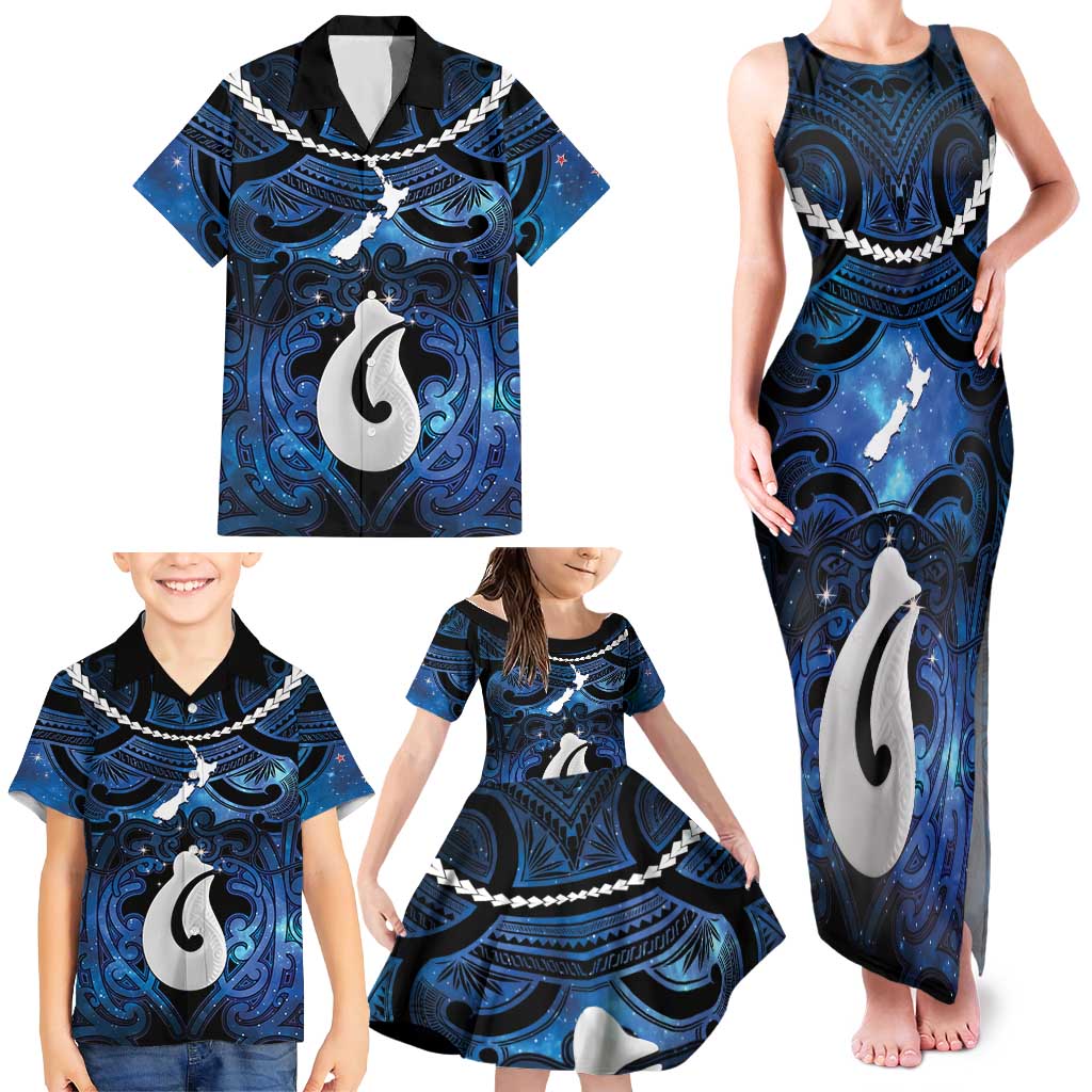 Personalized Maori Matariki Hei Matau Family Matching Tank Maxi Dress and Hawaiian Shirt Maori Kowhaiwhai Pattern Galaxy