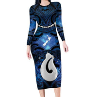 Personalized Maori Matariki Hei Matau Long Sleeve Bodycon Dress Maori Kowhaiwhai Pattern Galaxy