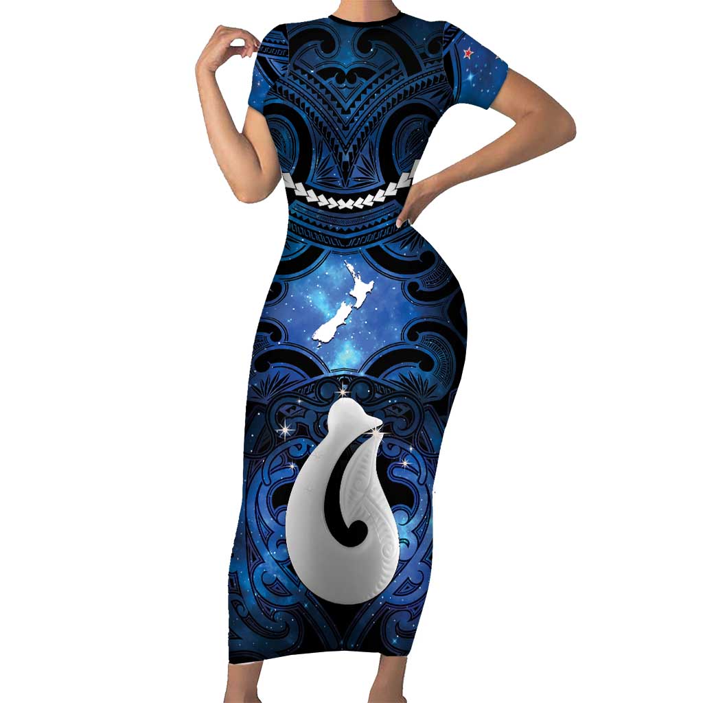 Personalized Maori Matariki Hei Matau Short Sleeve Bodycon Dress Maori Kowhaiwhai Pattern Galaxy