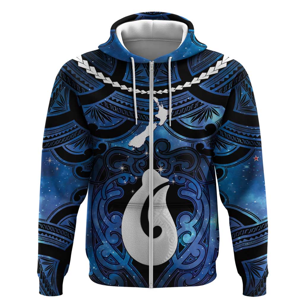 Personalized Maori Matariki Hei Matau Zip Hoodie Maori Kowhaiwhai Pattern Galaxy LT01 Zip Hoodie Blue - Polynesian Pride