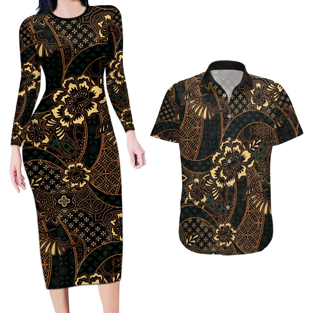 Indonesian Batik Pattern Vintage Brown Couples Matching Long Sleeve Bodycon Dress and Hawaiian Shirt