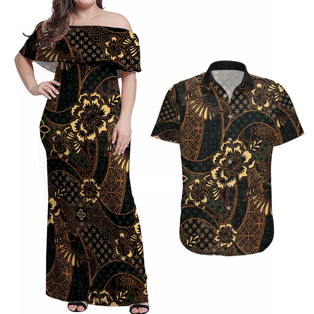Indonesian Batik Pattern Vintage Brown Couples Matching Off Shoulder Maxi Dress and Hawaiian Shirt