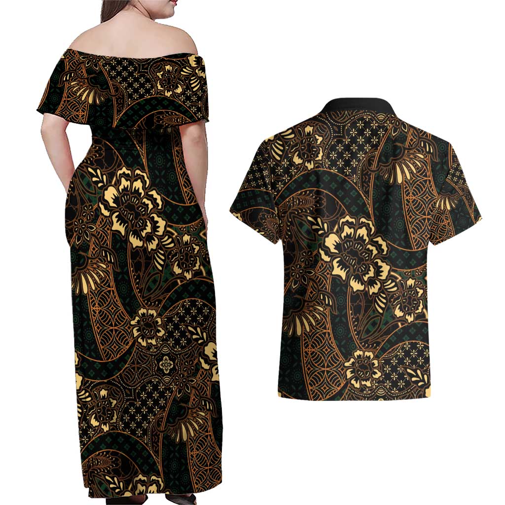 Indonesian Batik Pattern Vintage Brown Couples Matching Off Shoulder Maxi Dress and Hawaiian Shirt