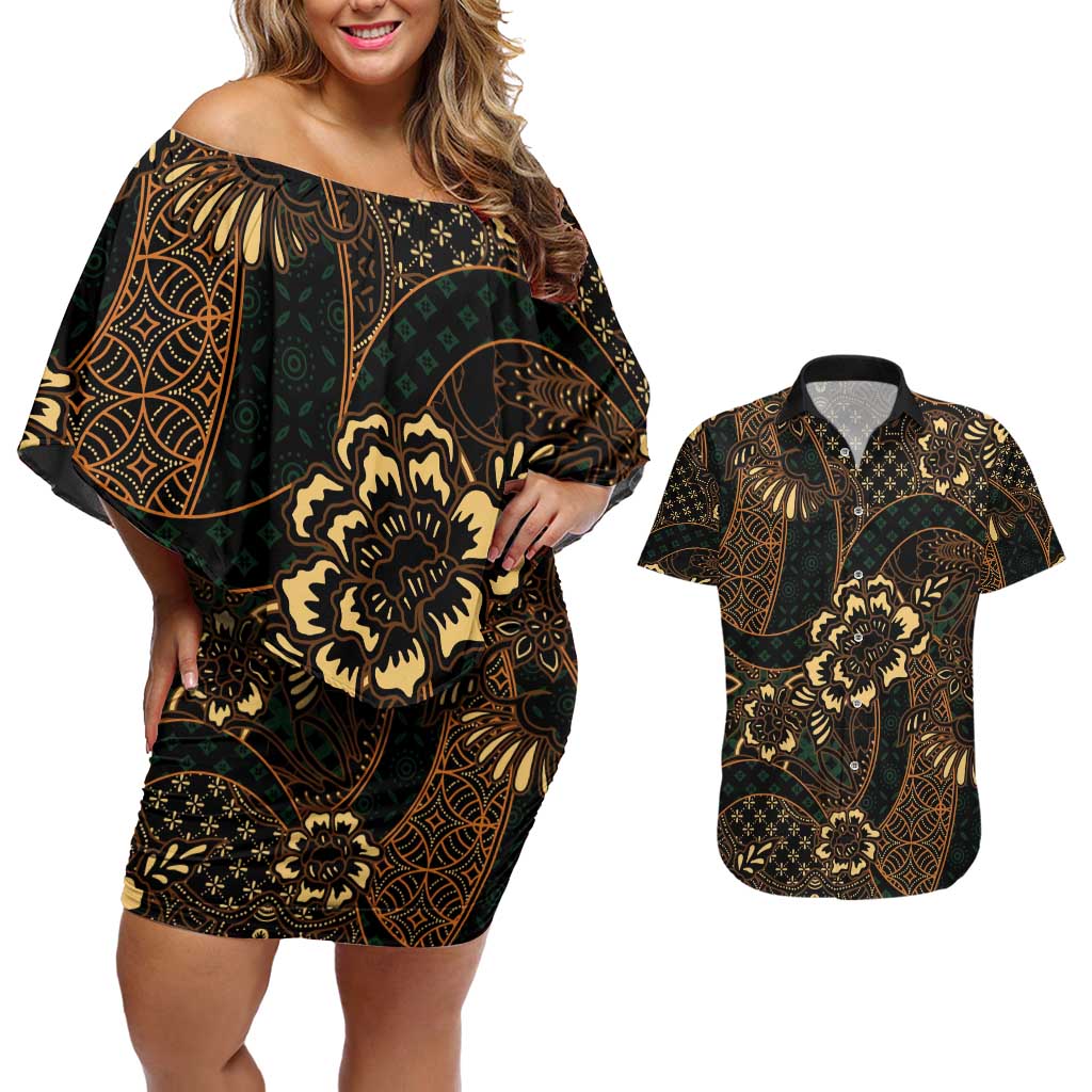 Indonesian Batik Pattern Vintage Brown Couples Matching Off Shoulder Short Dress and Hawaiian Shirt