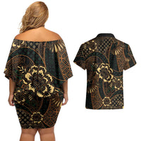 Indonesian Batik Pattern Vintage Brown Couples Matching Off Shoulder Short Dress and Hawaiian Shirt