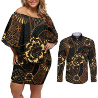 Indonesian Batik Pattern Vintage Brown Couples Matching Off Shoulder Short Dress and Long Sleeve Button Shirt LT01 Brown - Polynesian Pride