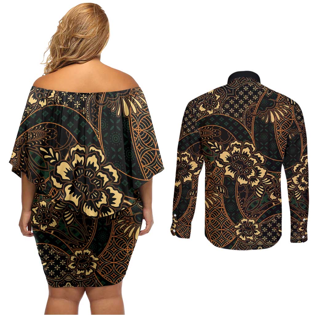 Indonesian Batik Pattern Vintage Brown Couples Matching Off Shoulder Short Dress and Long Sleeve Button Shirt LT01 - Polynesian Pride