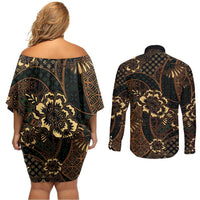 Indonesian Batik Pattern Vintage Brown Couples Matching Off Shoulder Short Dress and Long Sleeve Button Shirt LT01 - Polynesian Pride