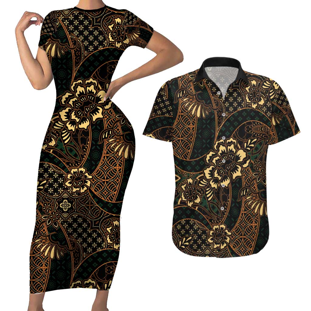 Indonesian Batik Pattern Vintage Brown Couples Matching Short Sleeve Bodycon Dress and Hawaiian Shirt
