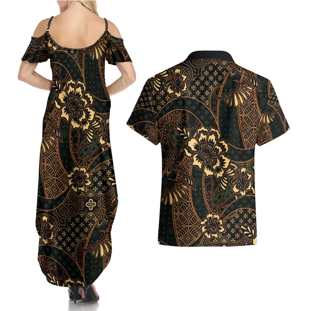 Indonesian Batik Pattern Vintage Brown Couples Matching Summer Maxi Dress and Hawaiian Shirt