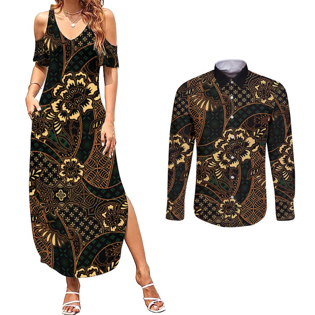 Indonesian Batik Pattern Vintage Brown Couples Matching Summer Maxi Dress and Long Sleeve Button Shirt LT01 Brown - Polynesian Pride
