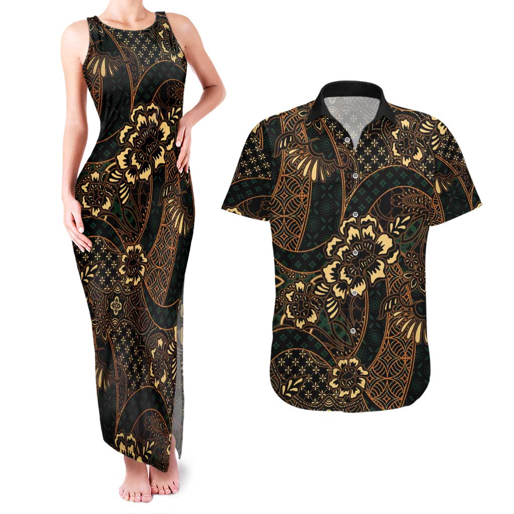 Indonesian Batik Pattern Vintage Brown Couples Matching Tank Maxi Dress and Hawaiian Shirt