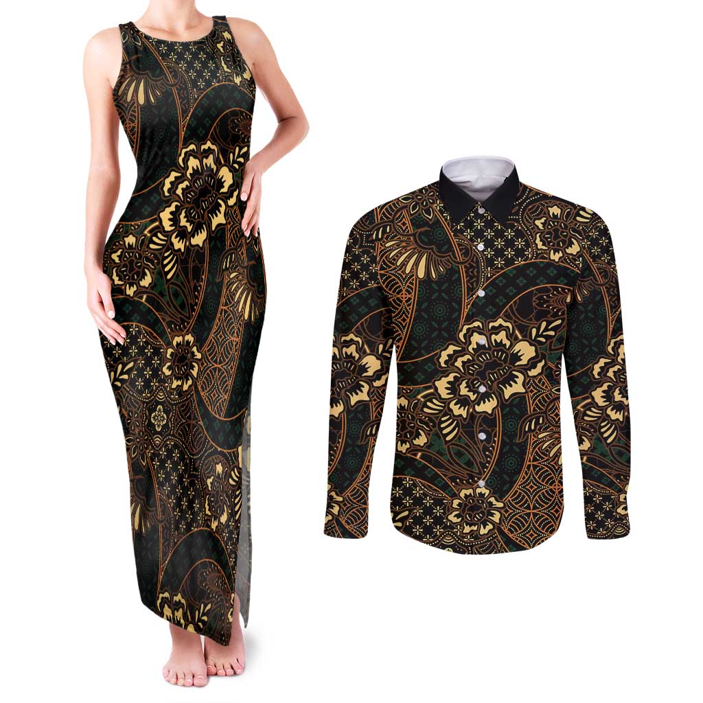 Indonesian Batik Pattern Vintage Brown Couples Matching Tank Maxi Dress and Long Sleeve Button Shirt LT01 Brown - Polynesian Pride