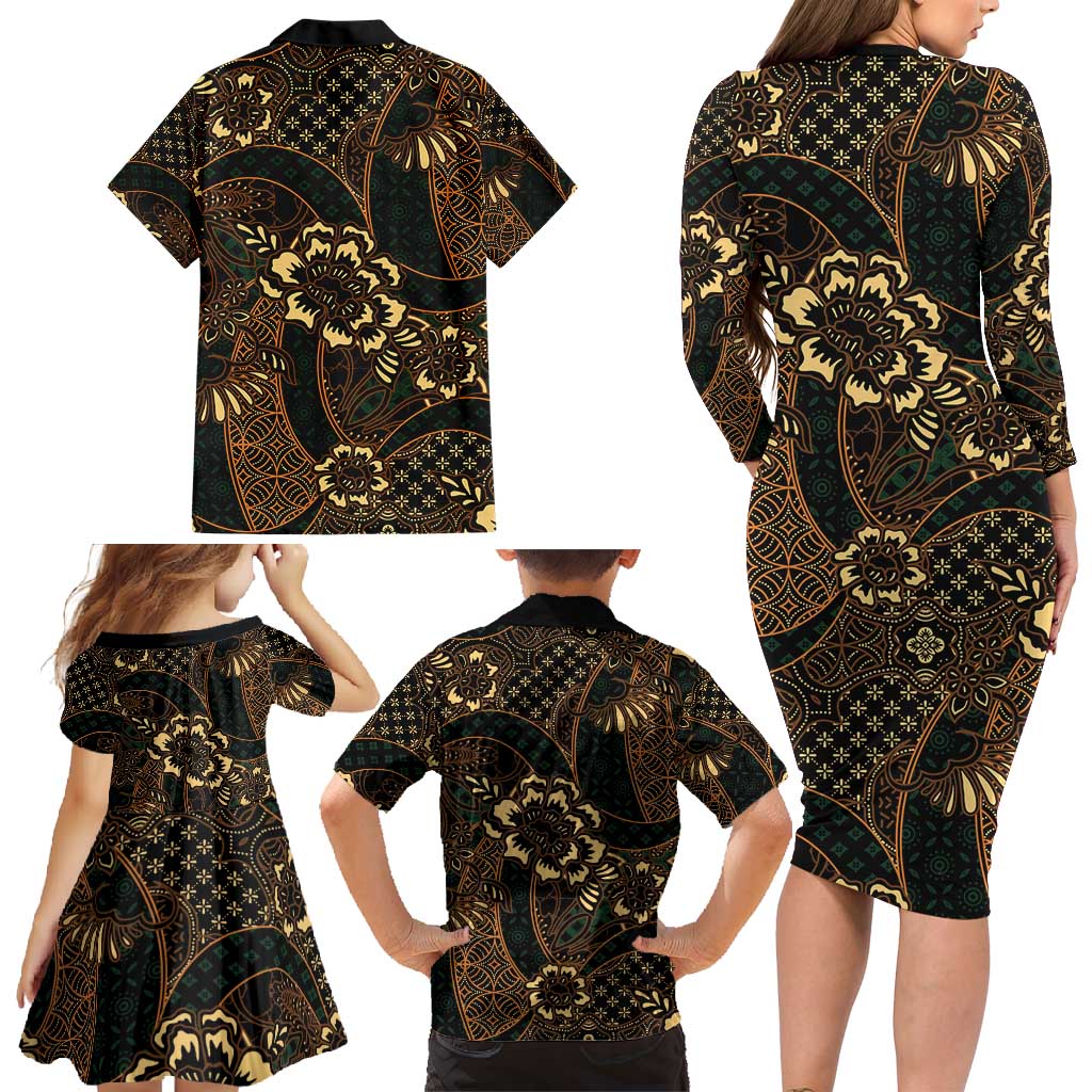 Indonesian Batik Pattern Vintage Brown Family Matching Long Sleeve Bodycon Dress and Hawaiian Shirt