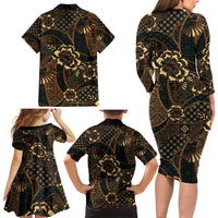 Indonesian Batik Pattern Vintage Brown Family Matching Long Sleeve Bodycon Dress and Hawaiian Shirt