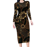 Indonesian Batik Pattern Vintage Brown Family Matching Long Sleeve Bodycon Dress and Hawaiian Shirt