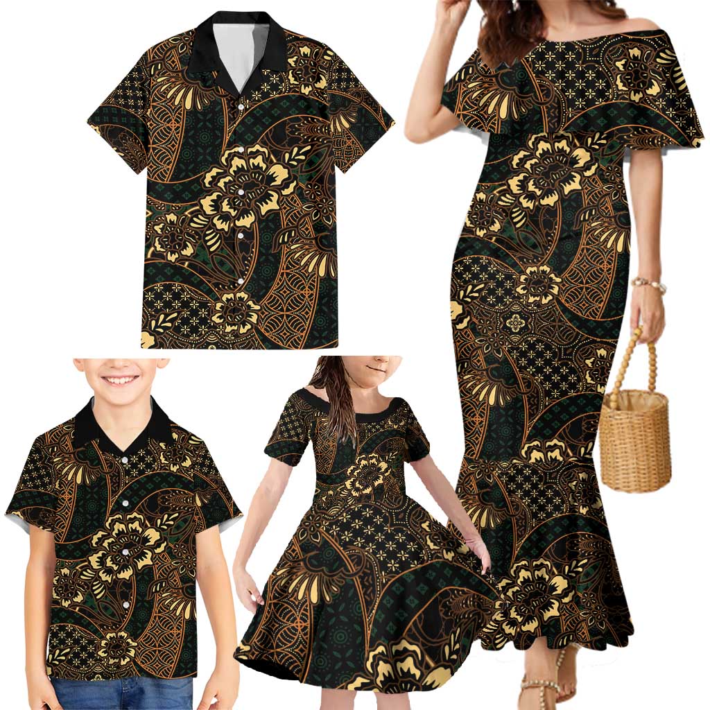 Indonesian Batik Pattern Vintage Brown Family Matching Mermaid Dress and Hawaiian Shirt